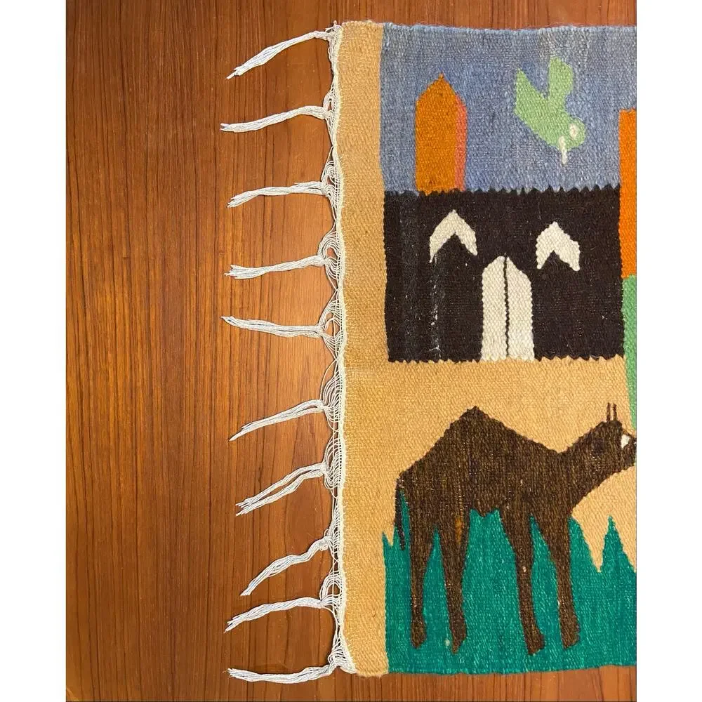Egyptian Woven Tapestry Rug Wall Hanging Camels Village Folk Art Souvenir